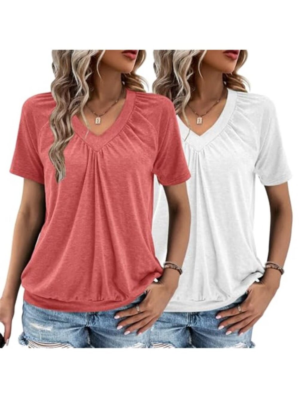 Women V Neck Ruched Short Sleeve Top Casual Loose Fit Summer Tee Soft Stretchy